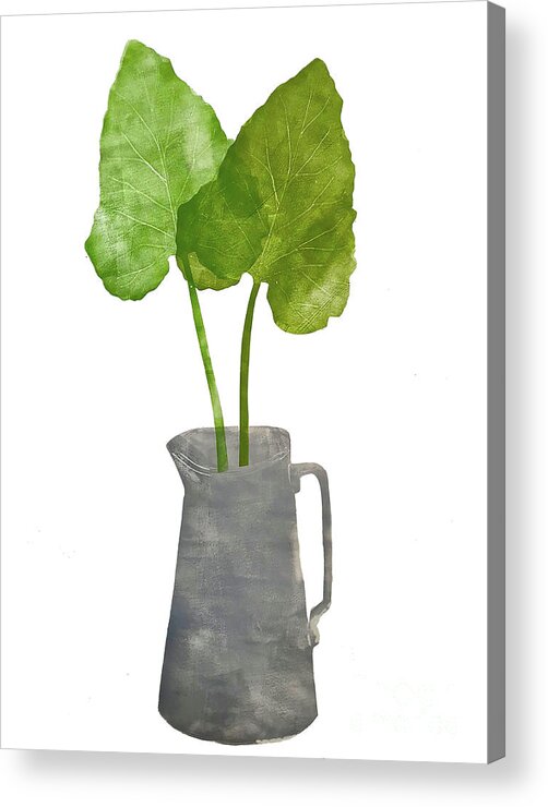 Spring Flowers Acrylic Print featuring the painting Grey Jug With Leaves by Sarah Thompson-engels