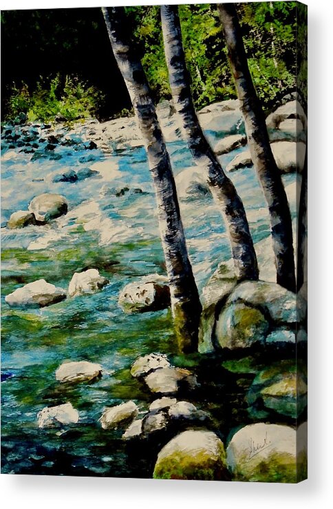 Rocky Waterfall Acrylic Print featuring the painting Gushing Waters by Sher Nasser