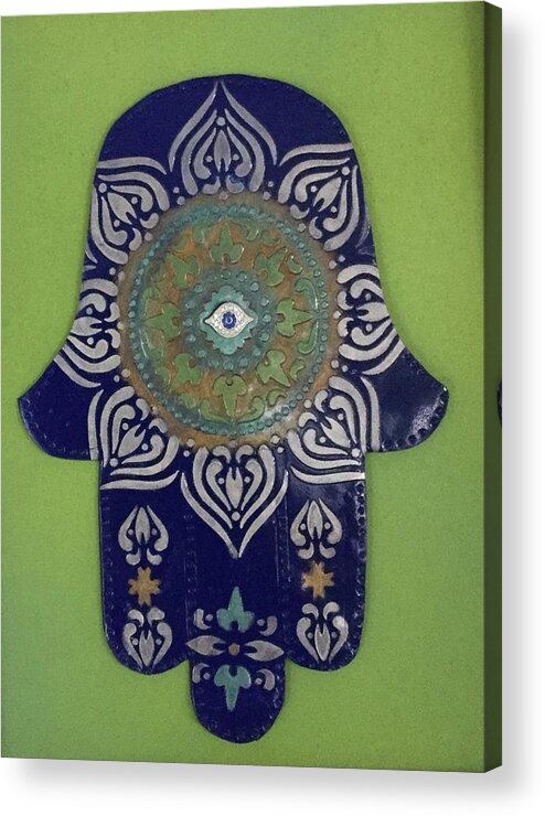 Hamsa Acrylic Print featuring the painting Hamsa in blue by Hila Abada