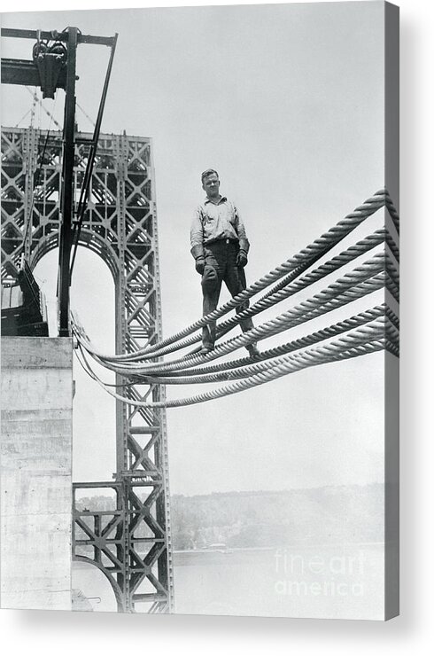 Civil Engineering Acrylic Print featuring the photograph James Bowers Standing On Bridge Cables by Bettmann