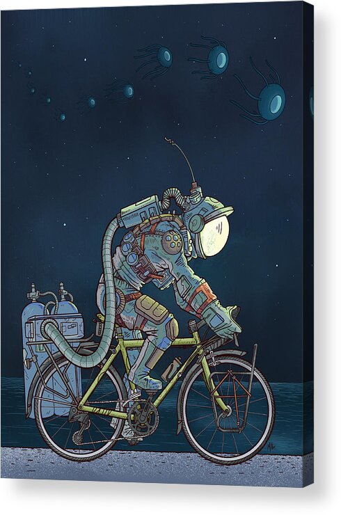 Digitalart Space Scifi Alien Bikes Cycling Spacesuit Scifiart Acrylic Print featuring the digital art LFT, -260 Degrees by EvanArt - Evan Miller