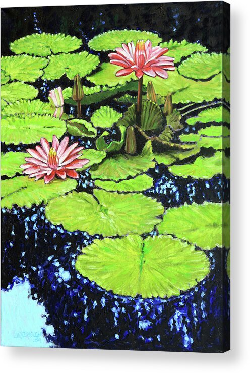 Water Lilies Acrylic Print featuring the painting Pink and Green on Blue by John Lautermilch