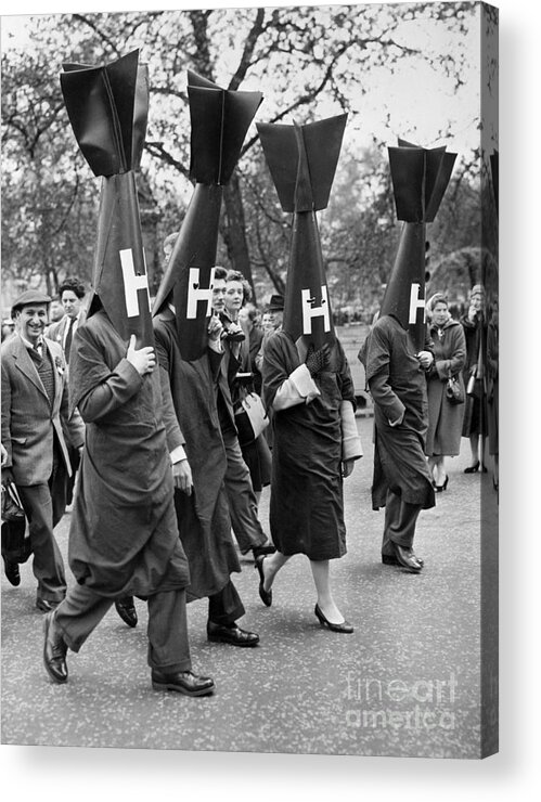 Hyde Park Acrylic Print featuring the photograph Protesters Dressed In H-bomb Costumes by Bettmann