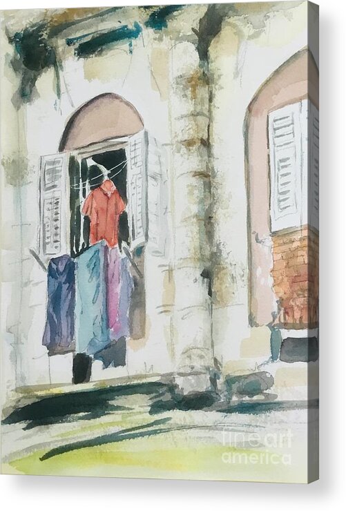 Laundry Acrylic Print featuring the painting Red shirt on the Laundry line by Sonia Mocnik
