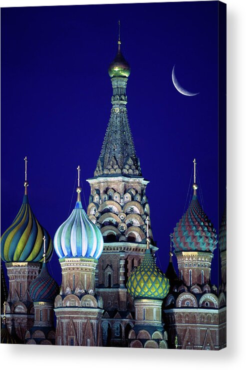 Clear Sky Acrylic Print featuring the photograph Russia, Moscow, Moon Over St Basils by Grant Faint