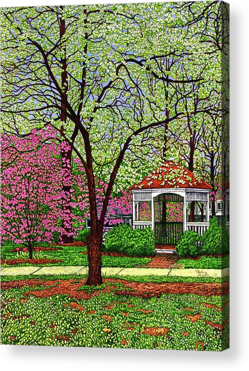 Gazebo In A Park Acrylic Print featuring the painting Springtime In The Park by Thelma Winter