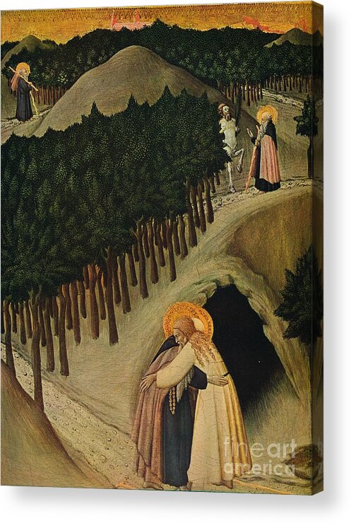 Tempera Painting Acrylic Print featuring the drawing The Meeting Of Saint Anthony And Saint by Print Collector