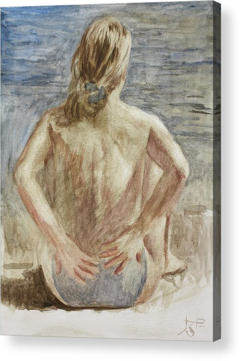 Hans Egil Saele Acrylic Print featuring the painting The Woman on the Beach by Hans Egil Saele