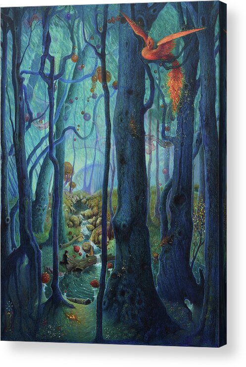 Firebird Acrylic Print featuring the painting The World Between the Trees by Lynn Bywaters