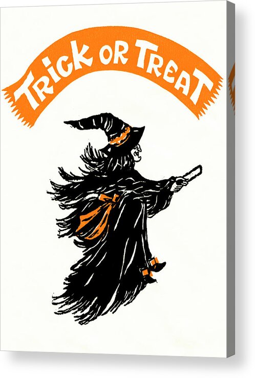 Witch Acrylic Print featuring the painting Trick or Treat - Flying Witch Banner by Unknown