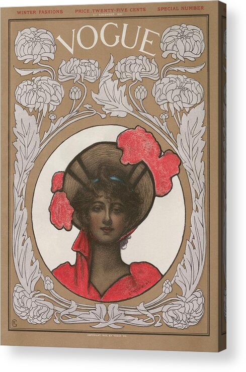 #new2022vogue Acrylic Print featuring the painting Vintage Vogue Cover Of A Woman In A Bonnet by Ethel Wright