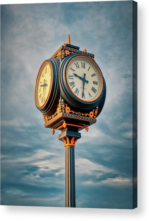 Clock Acrylic Print featuring the photograph Waterfront Clock At Sunset by Gary Slawsky