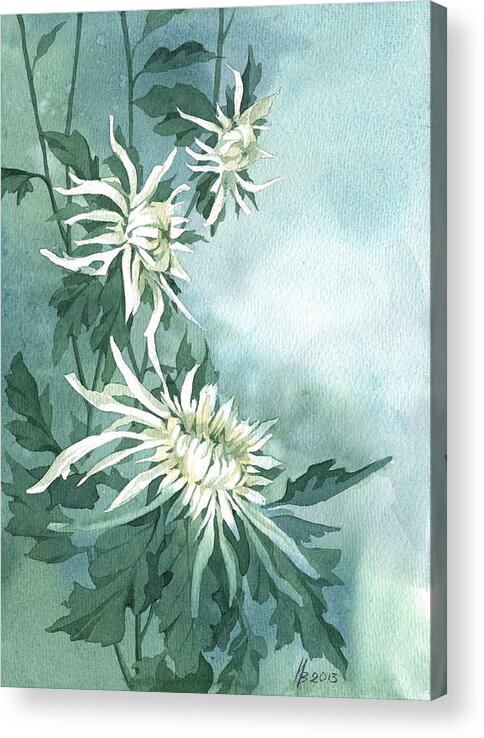 Russian Artists New Wave Acrylic Print featuring the painting White Chrysanthemums Flowers by Ina Petrashkevich