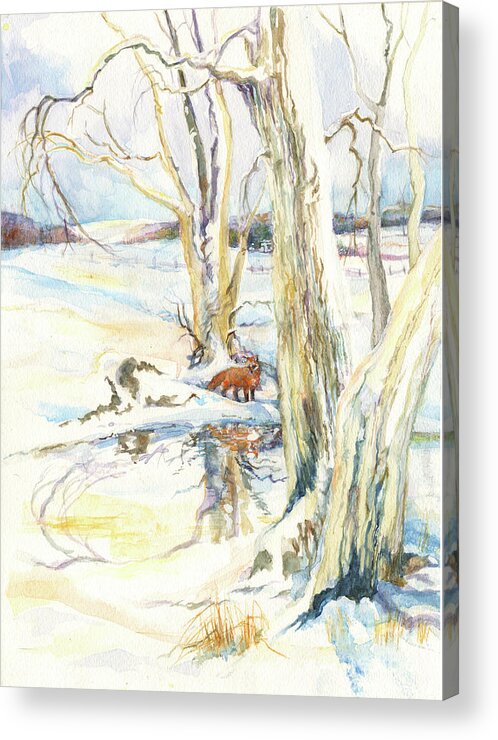 Winter Fox Acrylic Print featuring the painting Winter Fox by Nancy Watson
