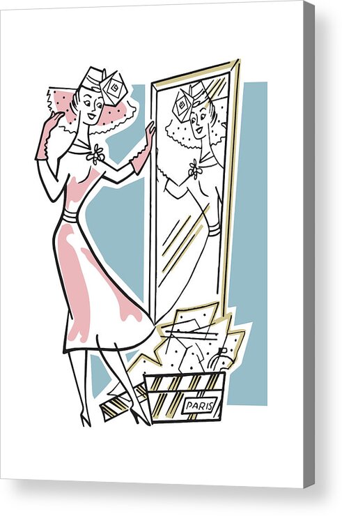 Accessories Acrylic Print featuring the drawing Woman Admiring New Hat in Full Length Mirror by CSA Images