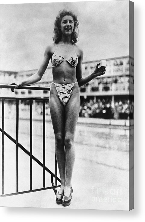 Child Acrylic Print featuring the photograph Woman Modeling The First Bikini by Bettmann