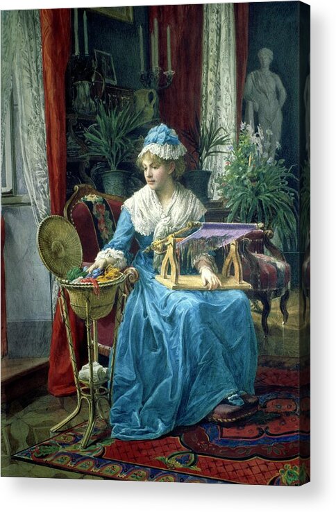 Tito Agujari Acrylic Print featuring the painting Woman with Embroidery Frame, 19th century. by Tito Agujari -1834-1908-