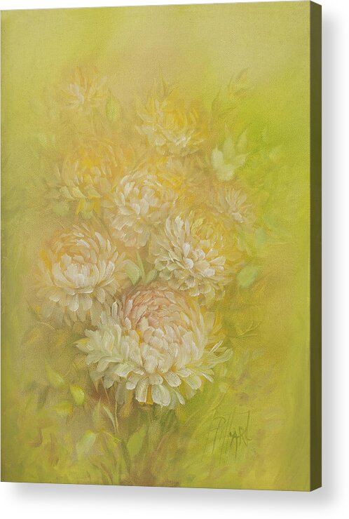 Chrysanthemums Acrylic Print featuring the painting Yellow Chrysanthemums by Lynne Pittard