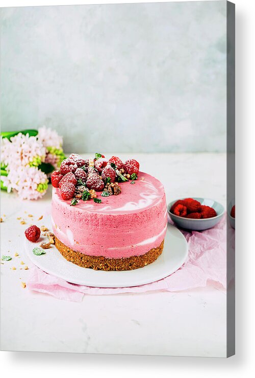 Ip_13401028 Acrylic Print featuring the photograph Zebra Raspberry Cheesecake With A Biscuit Base by Ewgenija Schall