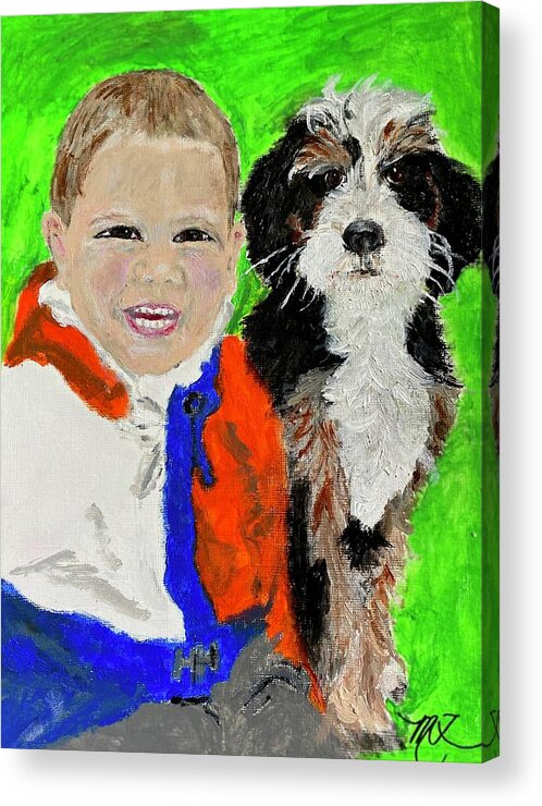 Dog Acrylic Print featuring the painting A boy and his best friend by Melody Fowler
