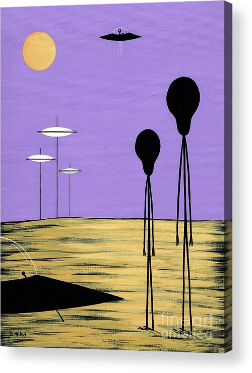 Retro Acrylic Print featuring the painting Aliens Yellow Planet Purple Sky by Donna Mibus