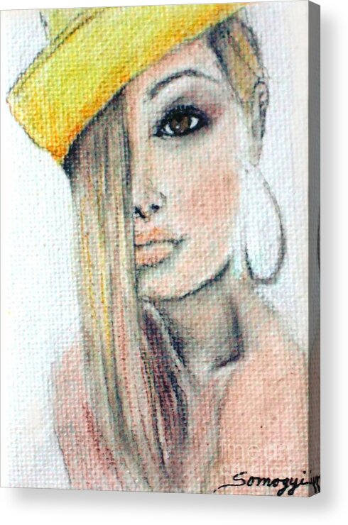 Blonde Woman Acrylic Print featuring the drawing Blonde Hair, Yellow Hat by Jayne Somogy