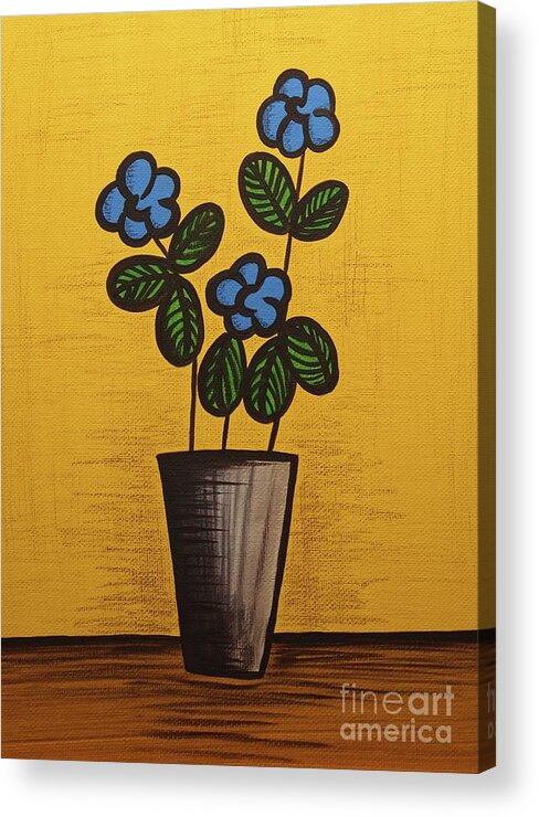 Mid Century Modern Acrylic Print featuring the mixed media Blue Flower Still Life Painting by Donna Mibus