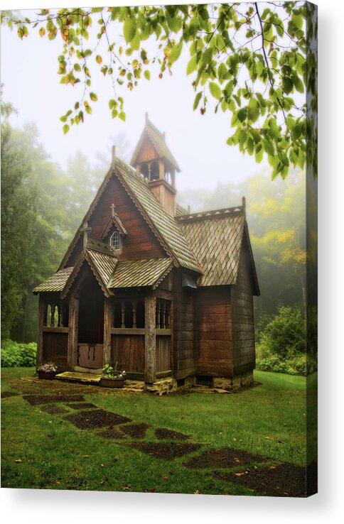 Chapel Acrylic Print featuring the photograph Boynton Norwegian Chapel on a foggy morning - Door County WI by Peter Herman