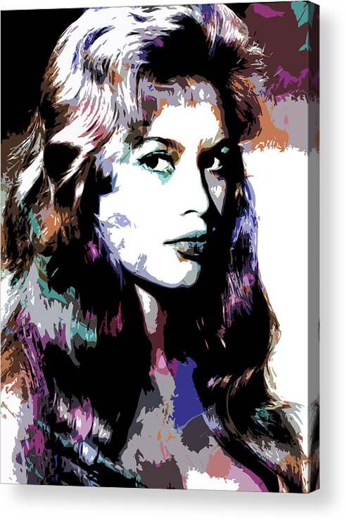 Brigitte Acrylic Print featuring the digital art Brigitte Bardot psychedelic portrait by Movie World Posters