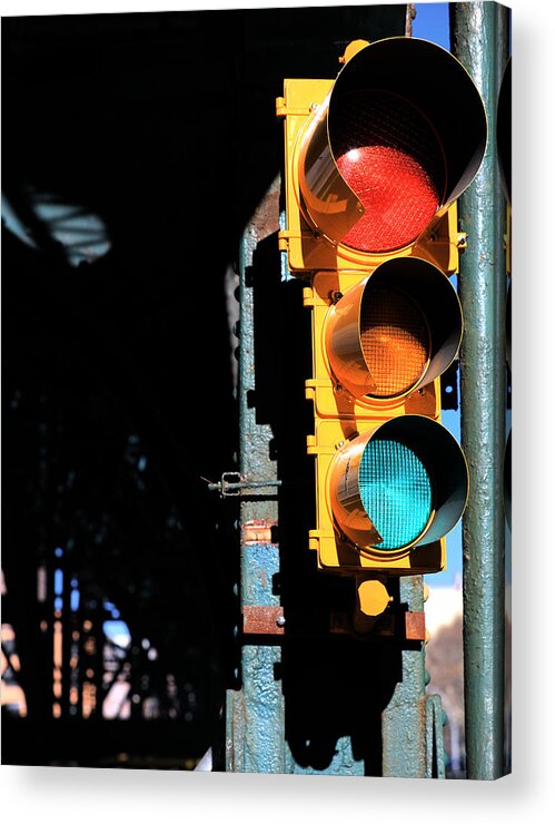 Traffic Signal Acrylic Print featuring the photograph Broadway Traffic Signal under Manhattan Valley 1 Train Viaduct by Steve Ember