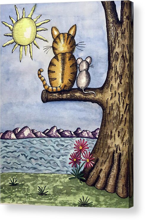 Childrens Art Acrylic Print featuring the painting Cat Mouse Sun by Christina Wedberg