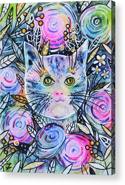 Floral Cat Acrylic Print featuring the painting Cat on Flower Bed by Zaira Dzhaubaeva