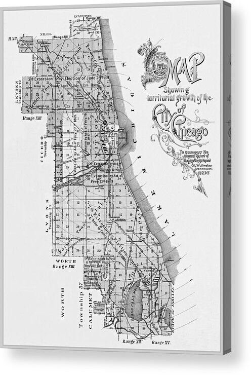 Chicago Acrylic Print featuring the photograph City of Chicago Antique Map 1896 Black and White by Carol Japp