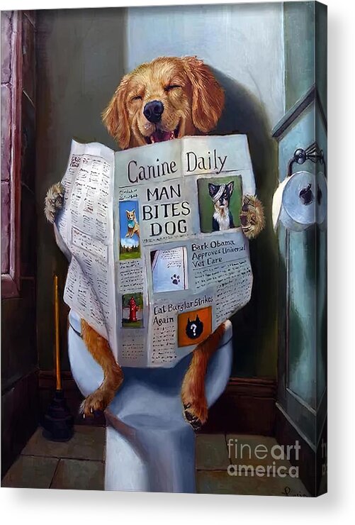 Happy Acrylic Print featuring the painting Dog Reading the Newspaper On Toilet Funny by Stewart Joanne