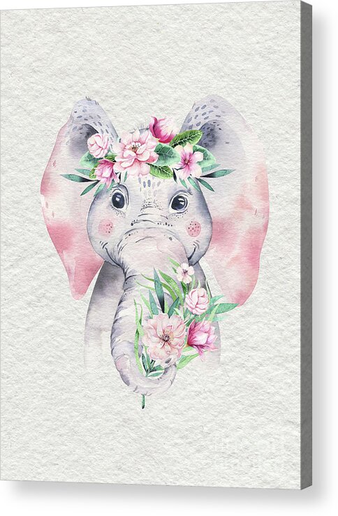 Elephant Acrylic Print featuring the painting Elephant With Flowers by Nursery Art