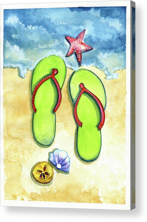Walking On The Beach Acrylic Print featuring the painting Flip Flops on the Beach by Michele Fritz