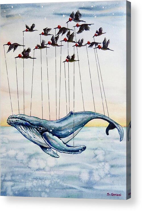 Watercolor Painting Acrylic Print featuring the painting Flying Whale by Geni Gorani