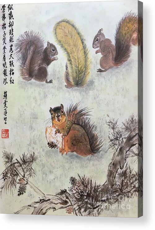 Squirrel Acrylic Print featuring the painting Four Squirrels In The Neighborhood - 2 by Carmen Lam