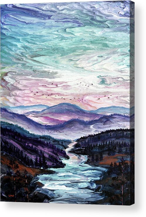 Pour Painting Acrylic Print featuring the painting Geese Over a River Gorge by Laura Iverson