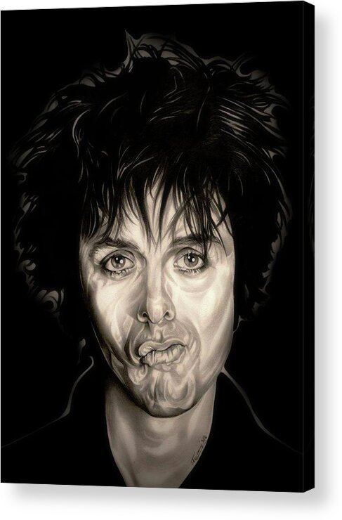 Billy Joe Armstrong Acrylic Print featuring the drawing Green Day - Black Back Sepia Edition by Fred Larucci