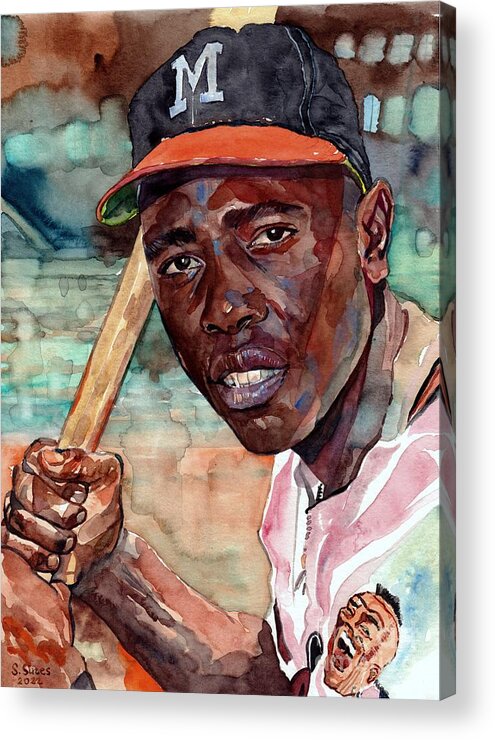 Hank Aaron Acrylic Print featuring the painting Hank Aaron Watercolor by Suzann Sines