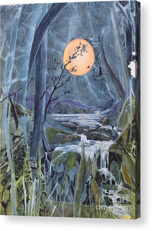 Moon Acrylic Print featuring the painting Harvest Moon - The Lakes by Jackie Mueller-Jones