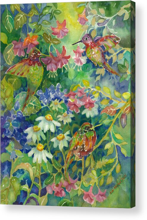Hummingbirds Acrylic Print featuring the painting Hummingbird Garden by Ann Nicholson