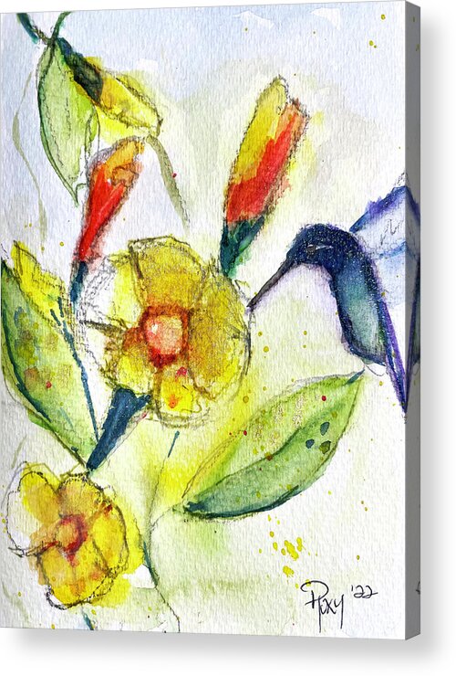 Watercolor Acrylic Print featuring the painting Hummingbird in the Tube Flowers by Roxy Rich