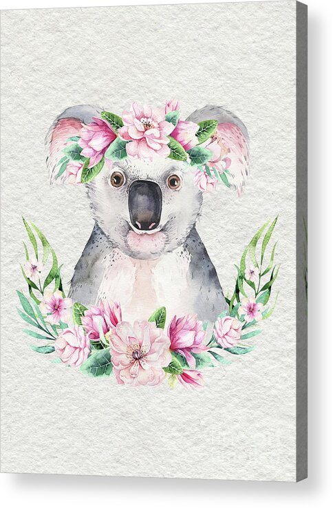 Koala Acrylic Print featuring the painting Koala With Flowers by Nursery Art