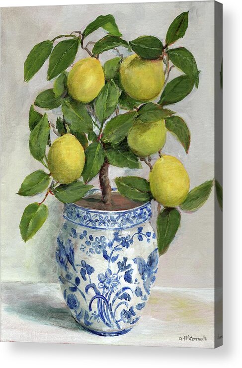 Lemons Acrylic Print featuring the painting Lemon Topiary in Blue and White planter by Gail McCormack