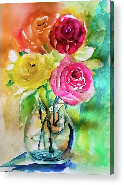 Roses Acrylic Print featuring the painting Lovely Colorful Roses In A Glass Vase by Lisa Kaiser