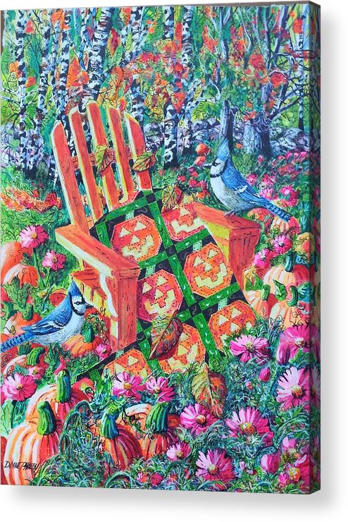 October Pumpkins Featuring A Happy Jack-o-lantern Pumpkin Quilt. Acrylic Print featuring the painting October Pumpkins by Diane Phalen