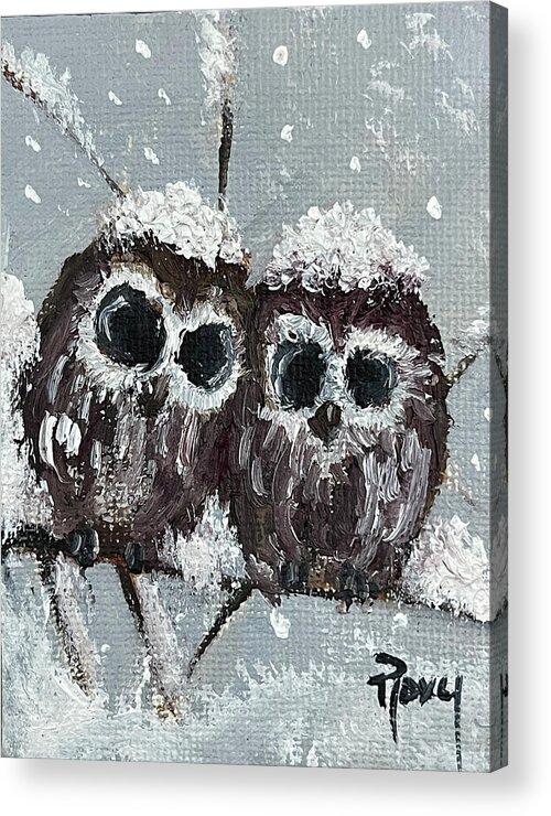 Owls. Baby Owls Acrylic Print featuring the painting Owl Chicks in the Snow by Roxy Rich