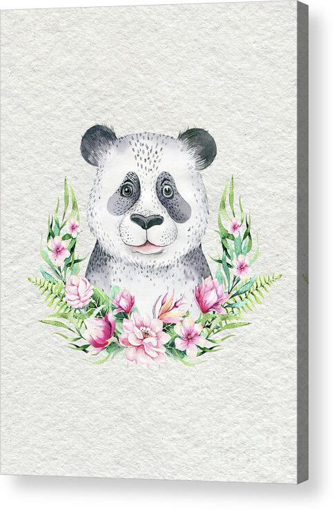 Panda Acrylic Print featuring the painting Panda Bear With Flowers by Nursery Art